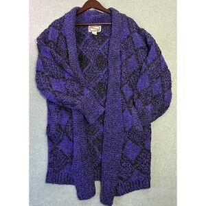 Vintage Vezzie Purple Black Chunky Knit Cardigan Sweater Acrylic Size Small